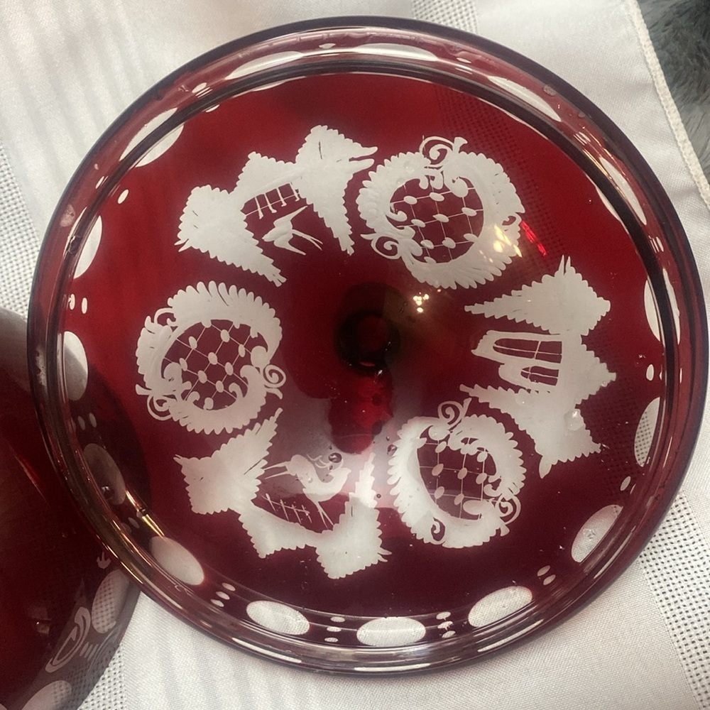 Vintage Bohemian  Red Glass Cut To Clear Candy Dish
W/lid - Picture 6 of 16
